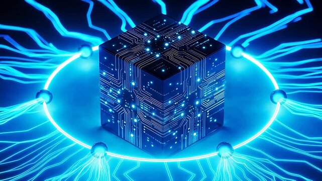 Blue cube with glowing circuit and orbiting spheres