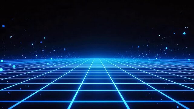 Blue neon grid and floating spheres