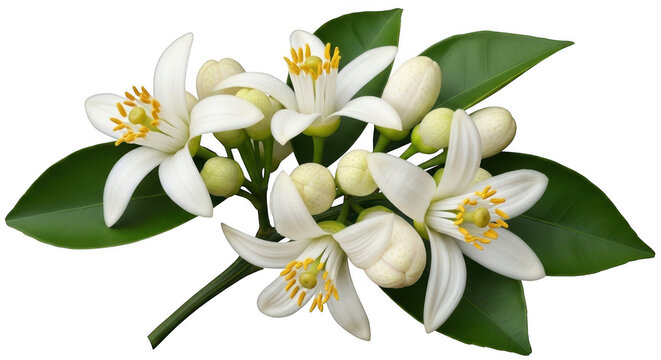 Orange blossom branch with leaves and buds on transparent with a delicate br cut out
