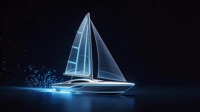 Futuristic transparent sailboat with glowing blue sails on dark background
