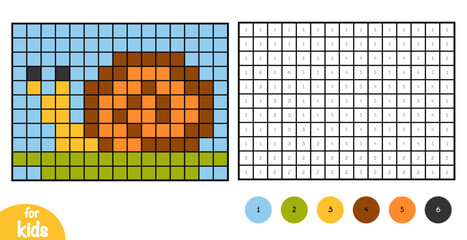 Cute snail character. Pixel color by number page for kids. Education activity for preschool and kindergarten children to learn numbers and colors. Simple square grid design © ksenyasavva