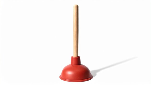 Red Plunger with Wooden Handle on White Background