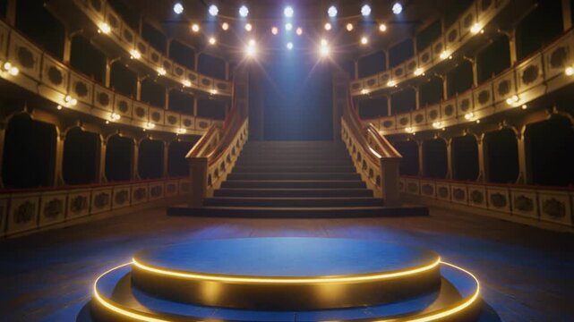 Glowing Golden Blue Podium Platform with Theatre Stairs and Projector Lights