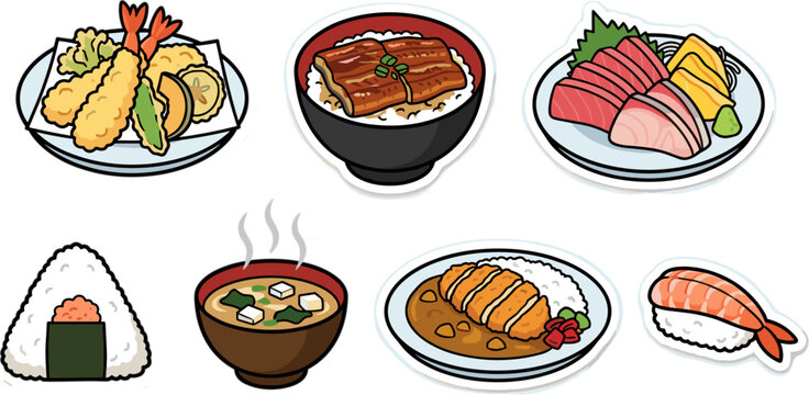 Assorted Japanese food dishes including sushi and tempura stickers vector illustration