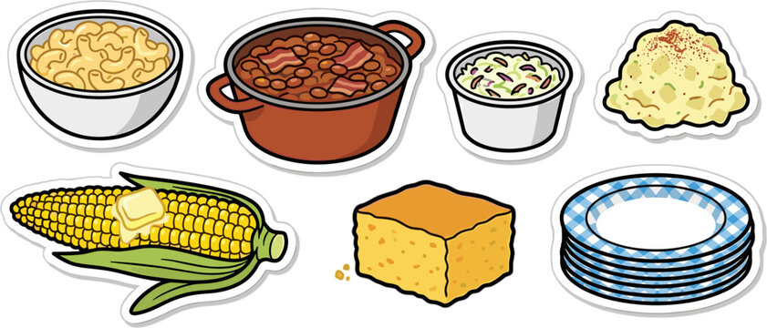 Barbecue side dishes and picnic food collection isolated vector illustration sticker set