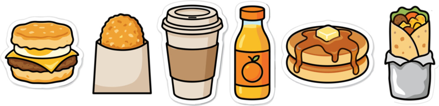 Breakfast fast food items set isolated on white background cartoon sticker vector illustration
