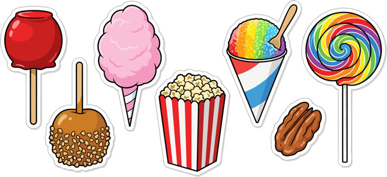 Collection of colorful carnival snacks and fairground treats sticker vector illustration