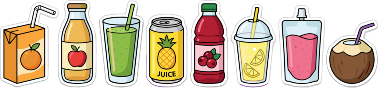 Collection of fruit juice and smoothie stickers isolated on transparent background vector illustration