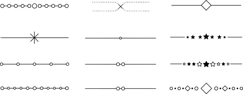 Decorative divider line set with stars circles and geometric shapes for page separation wedding invitations certificate borders and graphic design ornamentation