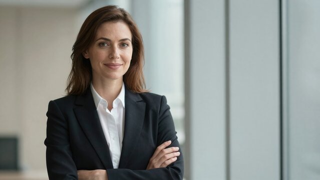 Confident female professional, dark business attire with blurred background, looking at viewer, window-lit office setting, commercial portraiture