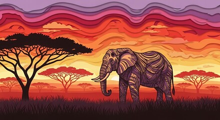 Fototapeta premium African elephant in savannah landscape sunset.