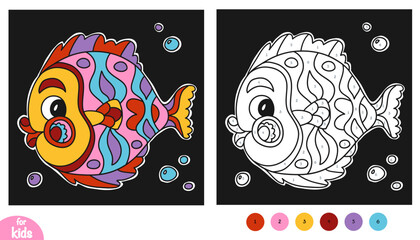 Color by number, education game for children, Cute fish on black background. Educational activity game for preschool and kindergarten children. Square picture to learn numbers and colors © ksenyasavva