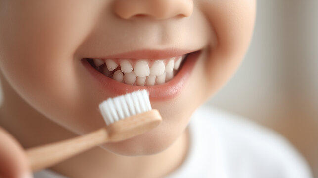 A close-up of a child brushing his teeth: a healthy smile and oral hygiene concept for children. A child brushing his teeth banner