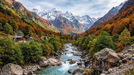 Baspa mountain river valley with scenic landscape and Himalaya snow peaks at Rakchham Himachal Pradesh, India © Jaypalsinh