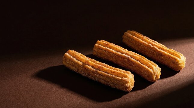 Golden fried churros scattered on dark chocolate brown surface with dramatic side lighting and large copy space for food delivery menu or restaurant marketing