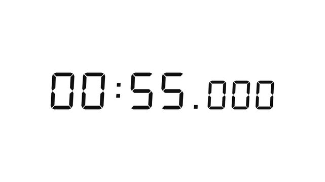 7 digits black digital countdown timer starting at 01:00:00 (60 seconds) on white background, featuring crisp seven-segment numerals with minutes, seconds, and milliseconds displayed prominently.