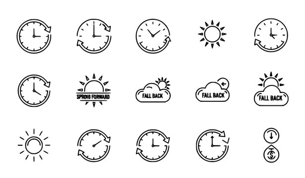 set of clocks Daylight Saving Time Icons Spring Forward Fall Back Clock Vector Set