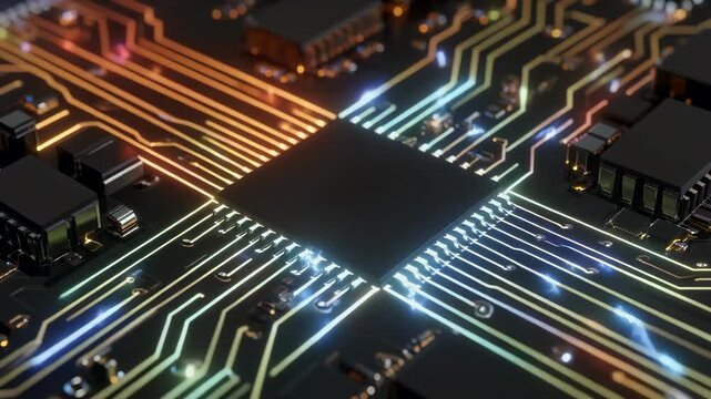 Cinematic close-up of a high-tech central processing unit with energetic glowing golden data pulses flowing through complex circuitry, illustrating advanced computing and power.
