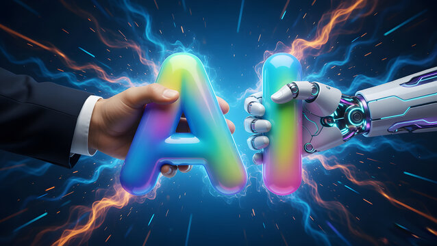 Human and AI Partnership Holding Artificial Intelligence Symbol in Futuristic Concept