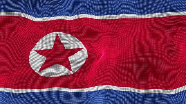 Realistic North Korea Flag Waving in the Wind with Detailed Fabric Texture. DPRK National Flag Ripple Animation with Red Star and White Circle