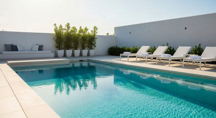 a tranquil poolside setting with white lounge chairs, a rectangular swimming pool, and potted plants against a clean white wall, ideal for relaxation, travel, or lifestyle advertising