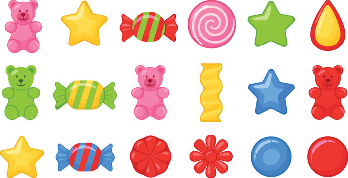 Bright candy collection with gummy bears lollipops wrapped sweets stars and flowers colorful cartoon vector illustration set