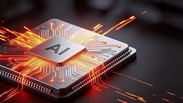 Futuristic AI processor chip with glowing orange circuitry and 'AI' logo, symbolizing advanced artificial intelligence, machine learning, and next-gen computing technology.