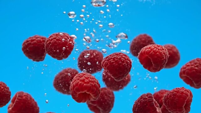 Submerged Static Shot of Deep Red Raspberries Tumbling Through Saturated Blue Water with Splash