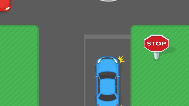 Safe driving and traffic regulation rules. Top view of a traffic flow at intersection. Make a full stop at "Stop" sign before right turn or proceeding directly in a forward direction. Animation video.