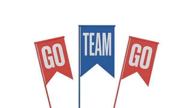 Three pennant flags with red and blue colors featuring the motivational message go team go written