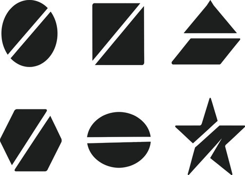 Set of six black shapes with lines on transparent background, minimal design elements