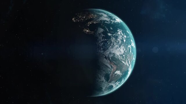 Cinematic earth rotating in space with night city lights and sun flare