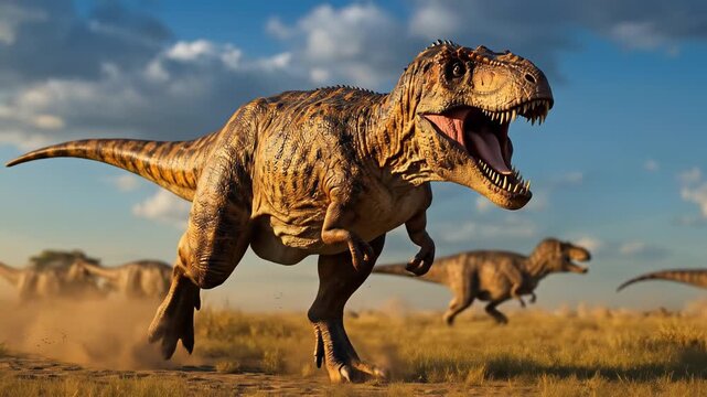 Tyrannosaurus Rex running across a prehistoric plain. T-Rex dinosaur chasing prey in a dusty landscape. Extinct predator in action
