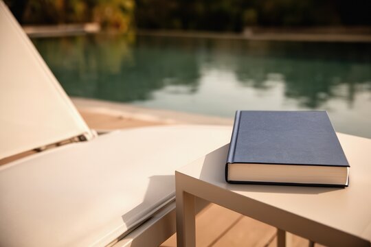 Solitary lounge chair with a closed book beside calm pool water at sunset