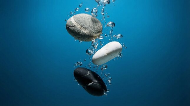 Three smooth stones of different colors sinking into clear blue water with many bubbles.