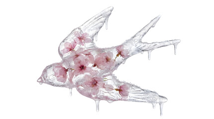 Fototapeta premium Frozen swallow bird silhouette filled with delicate pink cherry blossom flowers and ice droplets isolated PNG with Transparent Background