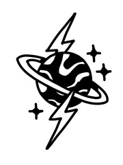 Edgy Tattoo-Style Saturn Planet with Lightning Bolt & Stars © Dani