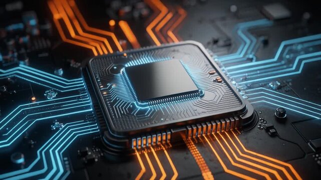 Close up of advanced microchip with glowing circuit board blue and orange light technology concept