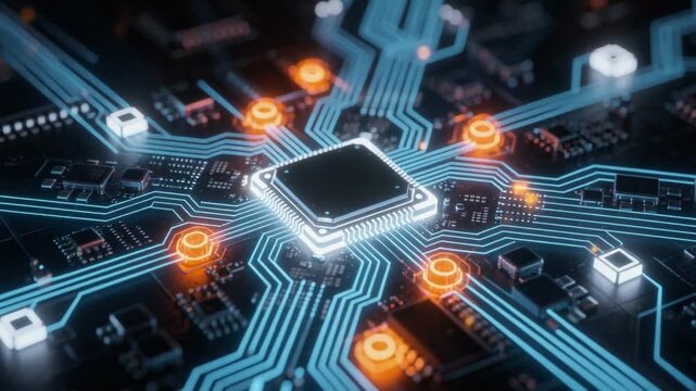 Close up view of futuristic glowing microchip and electronic circuit board technology with blue and orange lights