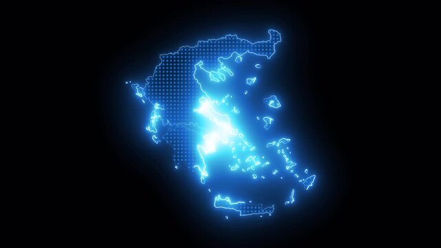 Greece Map Animation with Radiant Blue Neon Glow in Futuristic Digital Technology Style on Transparent Alpha Channel Background Smooth Continuous Looping 4K Video
