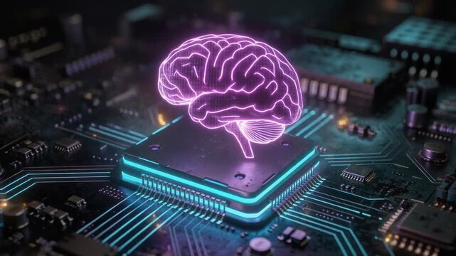 Futuristic glowing brain hologram on microchip representing artificial intelligence and technology innovation