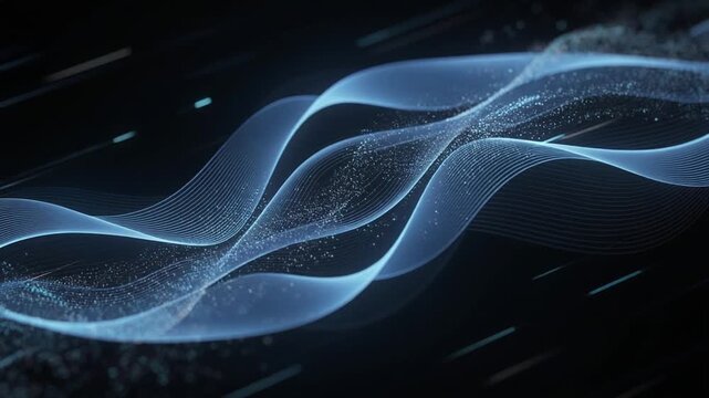 Abstract digital wave with glowing particles and flowing lines on dark background for technology and innovation