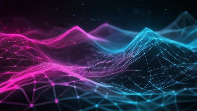 Futuristic digital network waves with glowing neon blue and pink lines representing data flow and technology