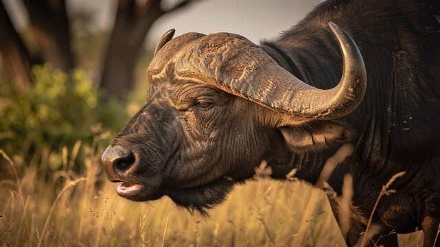 Close up of an African buffalo with large curved horns in natural grassland at sunset
