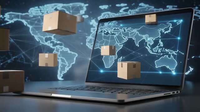Global shipping and online delivery concept with floating packages and world map on laptop screen