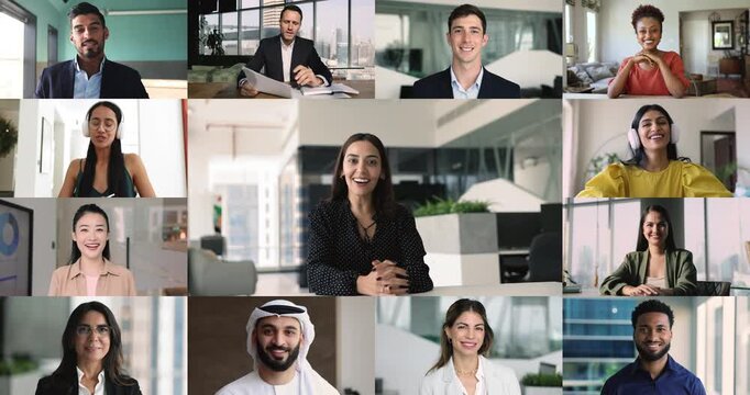 Positive friendly global company employees talking on online video conference call. Remote workers discussing teamwork, planning tasks, waving hands at camera, saying hello. Collection of head shots