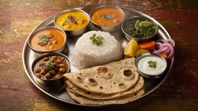 Traditional Indian thali with rice chapati dal curry and fresh vegetables served on metal plate