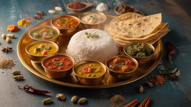 Traditional Indian thali with rice, assorted curries, vegetables, and flatbread served on a brass platter