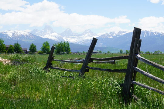 Old rustic wooden broken fence with a view over fields of the Teton Mountains. Long green grass and clouds in the blue sky.