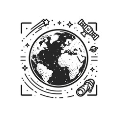 Obraz premium Stylized illustration of Earth encircled by celestial objects and space exploration tools, showcasing the universe's mystery and humanity's quest for knowledge